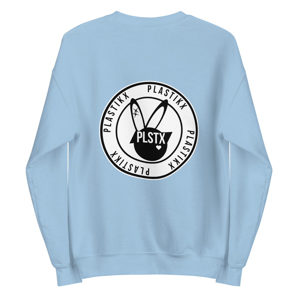 Light baby blue soft sweatshirt with our classic bunny heart plastikx logo on back and our signature logo on front  #plstx #plastikx